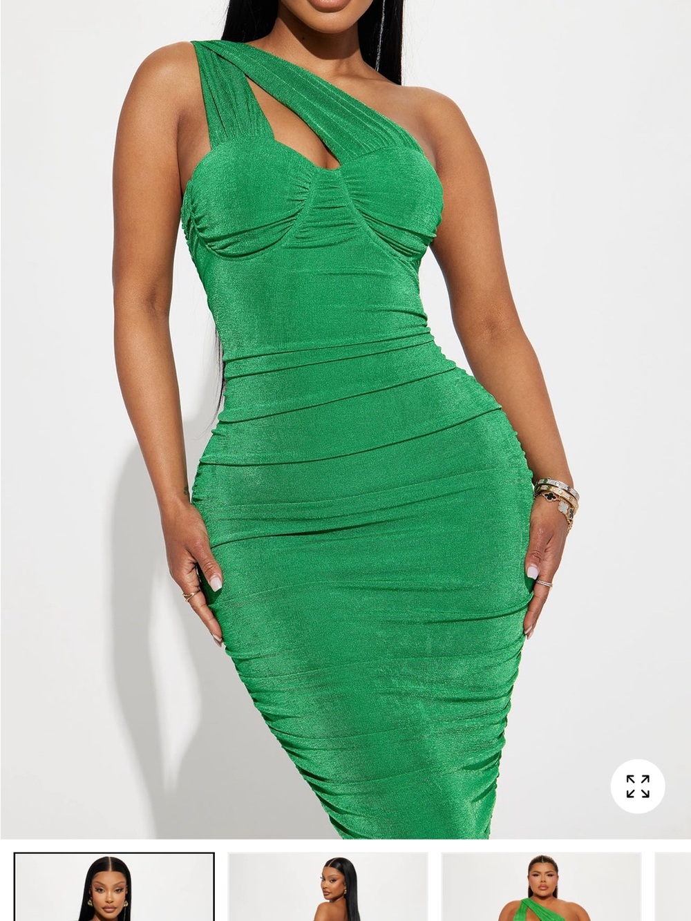 Fashion Nova Emerald One-Shoulder Ruched Bodycon Dress